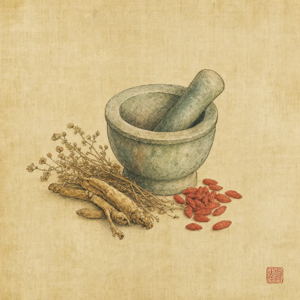 Mortier, plantes médicinales et baies de goji, aquarelle chinoise