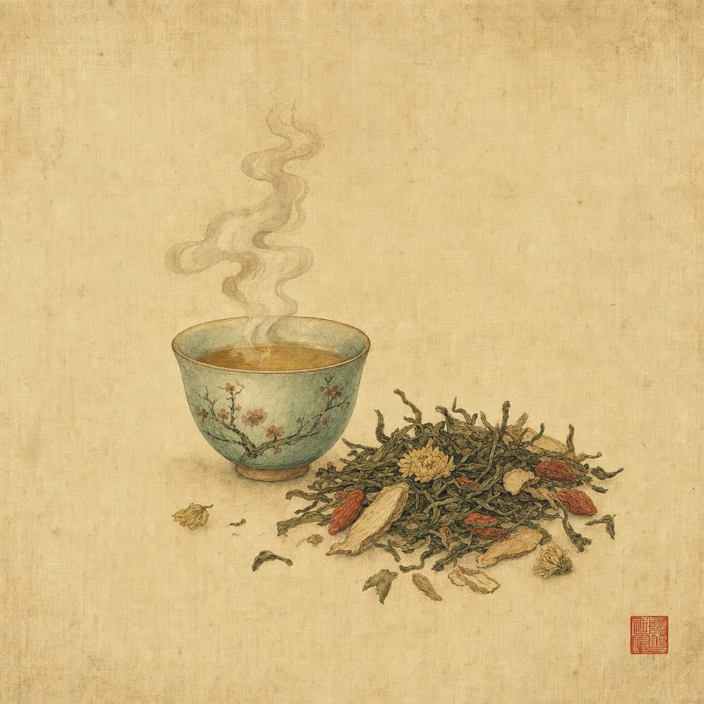 Tasse de thé et feuilles, aquarelle chinoise