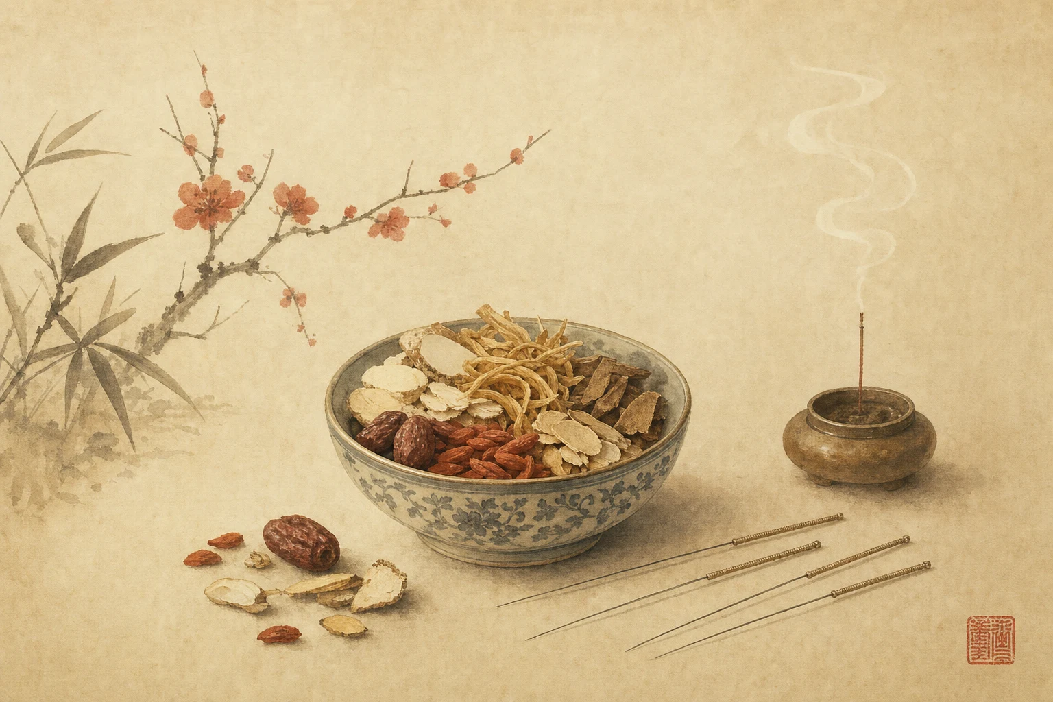 Bol de plantes médicinales, aiguilles d'acupuncture et encens